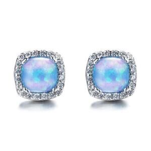 Blue Square Simulated Opal Silver Stud Rhinestone Earrings